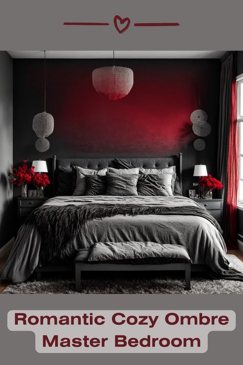 Enter a sensual retreat with this breathtaking romantic cozy Ombre master bedroom. The dramatic Ombre wall art, blending shades of deep red into a velvety black, is the heart of this room, creating an intimate, passionate atmosphere. Luxurious silver bedding, with plush pillows and a sumptuously layered throw, invites a night of romance and dreams. Modern, spherical light fixtures add a contemporary touch, while rich red flowers and dark curtains evoke a classic film noir aesthetic. Deep Red Bedroom Ideas, Black And Red Bedroom Aesthetic, Dark Red Bedroom Ideas, Black And Red Bedroom Decor, Black And Red Room Aesthetic, Black Red Bedroom, Dark Red Room, Red And Black Bedroom Ideas, Red And Black Room