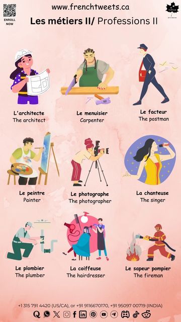 Dive into the world of professions in French! 🍁 Learn with French Tweets and expand your vocabulary with various careers and job titles. 🇫🇷📚 ✅Register through our website to receive a free Counselling call:-https://frenchtweets.ca/learners-registration.aspx #speakfrench #onlinefrenchcourse #practicefrench #frenchvocabulary #frenchteacher #delf #dalf #frenchstudy #frenchpronounciation #reading #writing #listening #speaking #enrollnow #tef #tcf #nativeexperts #frenchstudy Jobs In French, Expand Your Vocabulary, Job Titles, French Vocabulary, French Teacher, How To Speak French, Job Title, Learning Centers, Reading Writing