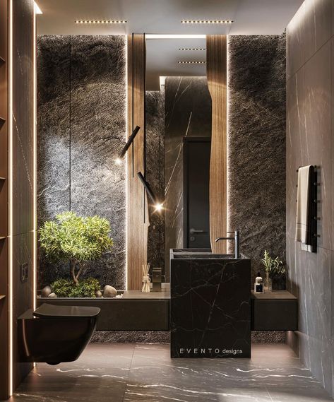 Evento Designs | Contemporary/ Design and implementation by 𝗘𝘃𝗲𝗻𝘁𝗼 𝗗𝗲𝘀𝗶𝗴𝗻𝘀 @cameleon.dubai ▪️for inquiries contact us : 01000009395 ◾️Our branches :… | Instagram Contemporary Powder Room Design, Black Bathroom Design, Luxury Bathroom Design, Luxury Contemporary Interior Design, Architecture Bathroom Design, Spa Bathroom Design, Luxury Hotel Bathroom, Toilet Design Modern, Powder Room Design Ideas