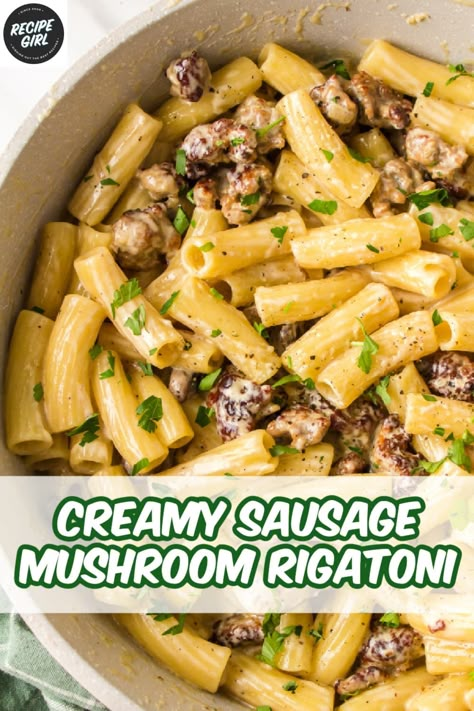 Creamy Sausage Mushroom Pasta recipe from RecipeGirl.com #creamy #sausage #mushroom #rigatoni #pasta #recipe #RecipeGirl Creamy Sausage Mushroom Rigatoni, Yum Makers Recipes Pasta, Creamy Mushroom Sausage Pasta, Sausage Mushroom Pasta Recipes, Italian Sausage Mushroom Pasta, Sausage Rigatoni Pasta, Sausage Mushroom Pasta, Sausage And Mushroom Pasta, Mushroom Rigatoni