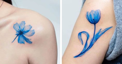 Small Blue Tattoo, Indigo Tattoo, Blue Ink Tattoo, South Korean Tattoo, Uv Ink Tattoos, Blue Ink Tattoos, Korean Tattoo, Blue Spring Flowers, Korean Tattoo Artist