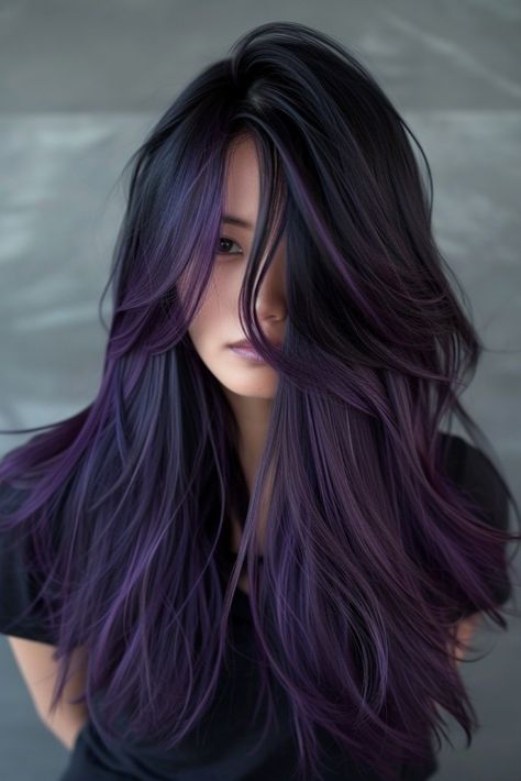 Black To Violet Ombre Hair, Long Hair Purple Highlights, Subtle Purple Hair Highlights, Black With Dark Purple Highlights, Light Purple Balayage Brunettes, Purple Balyage Long Hair Brunettes, Long Black And Purple Hair, Smokey Purple Hair Color, Balayage Hair Lavender