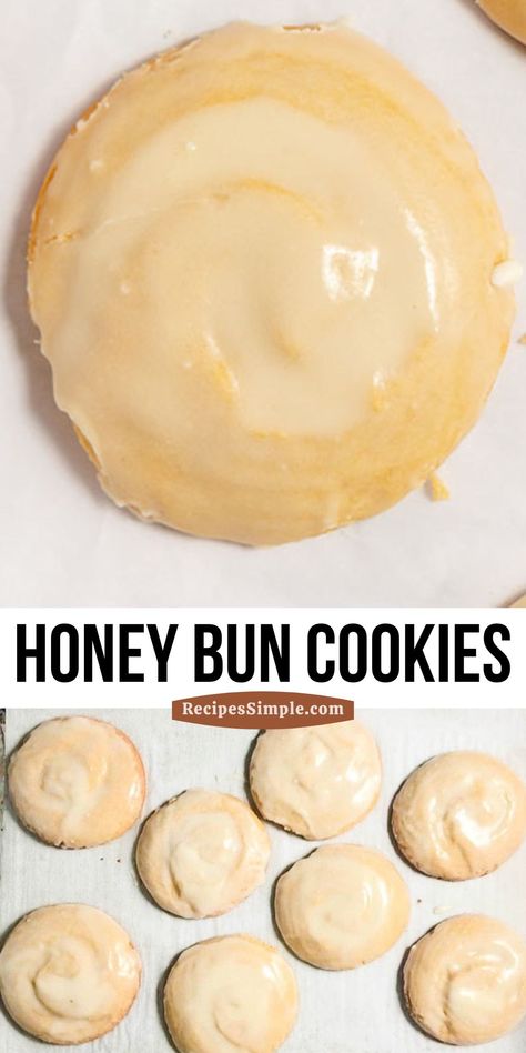 These Honey Bun Cookies are soft, chewy, and have a hint of cinnamon, and the sweet honey and butter glaze adds the perfect sweetness. Easy cookie recipe for any occasion! Cookies With Honey Recipes, Soft Honey Cookies, Honey Bun Cookie Recipe, Honey Butter Cookies, Honeybun Cookies, Dessert With Honey, Honey Bun Cookies, Honey Dessert Recipes, Honey Recipes Dessert