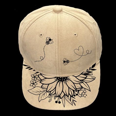 Sunflower Baseball Hat Burning Design, Ball Cap Burning Pattern, Traceable Pyrography Template, Summer Flowers and Bees, Digital Download - Etsy Cricut Cap Ideas, Burning On Hats, Burnt Hat Design Ideas, Wood Burned Hats, Hat Burning Ideas, Shoe Painting Ideas, Decorated Hats, Doodle Shoes, Burned Hats