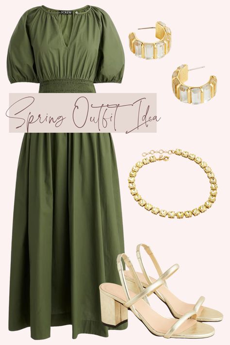 Green dress, casual wedding, bridal shower Olive Green Wedding Guest Outfit, Olive Dress Wedding, Green Wedding Guest Dresses, Olive Green Weddings, Outdoor Garden Wedding, Spring Outfit Idea, Accessories For Wedding, Olive Dress, Olive Green Dresses