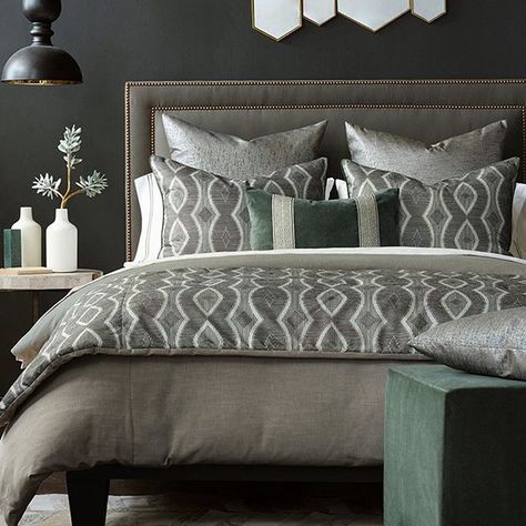 Subdued by mossy green undertones this bedding's silvery metallic palette adds a glam feel with minimal fuss!  . . . #decoratingdeninteriors #theden #interiordesign #design #interiordecorating #decorating #decor #roominspiration #homedecor #homedesign #homerenovation #interiorforinspo #interiorlovers #interiordetails #livvhomecollection #bedding #beddingdesign #beddingdecor #bedroom #bedroomdesign #bedroomdecor #bedroomgoals #bedroominspo #metallicbedding #decoratinggoals #houston #cypresstx #cy Bedroom Pillows Arrangement, Long Decorative Pillow, Ogee Pattern, Bed Scarf, Linen Sheet Sets, Luxury Bedding Collections, Eastern Accents, Bed And Bath, Bedrooms Decor