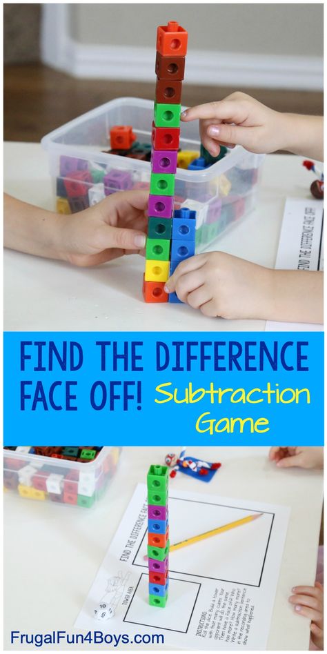 1st Grade Math Games, Teaching Subtraction, Lego Math, Find The Difference, Subtraction Games, Kindergarten Math Games, Math Subtraction, Subtraction Activities, Math Challenge