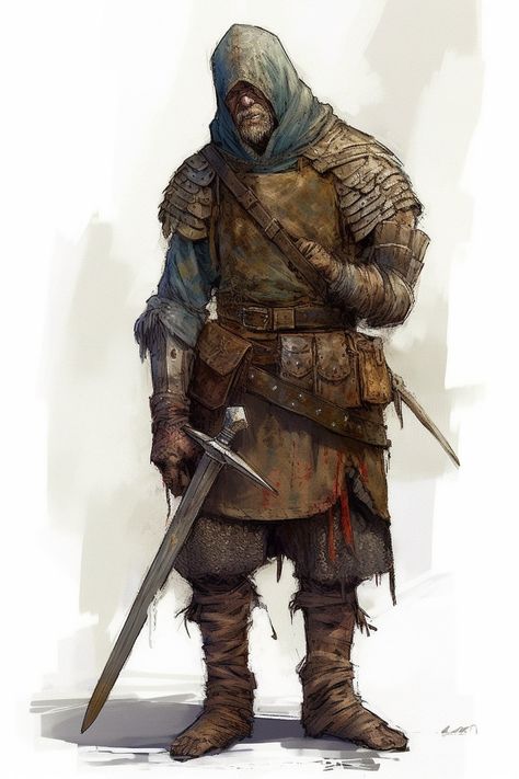 Bandit Character Art, Bandit Character Design, Dnd Mercenary, Medieval Adventurer, Dnd Warrior, Mercenary Character Design, Warhammer Knight, Medieval Mercenary, Planes Characters