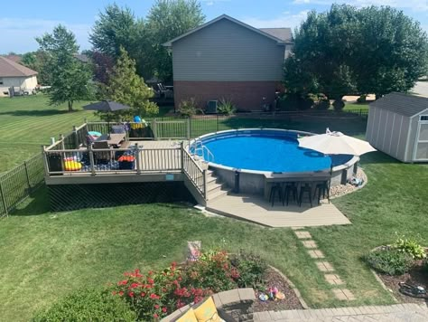 Round Pool With Deck, Pool Deck Layout Ideas, Pool Deck Landscaping Ideas, Above Ground Pool Backyard Oasis, Above Ground Pool With Fire Pit Area, Hybrid Pool With Deck, Partial Inground Pool Ideas With Deck, Above Ground Pool With Patio, Above Ground Pool Off Patio