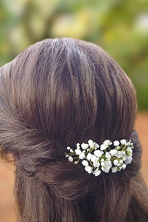 Flower hair comb with white flowers gypsophila (babys breath). Made of foam EVA material. The total length is 3.5'' (9 cm). Every flower detail and the assembly are carefully handmade done. #babysbreath #gypsophila #weddinghair Gypsophila Hair, Floral Hair Piece Wedding, White Gypsophila, Flower Hair Clips Wedding, Floral Wedding Hair, Wedding Hair Piece, Flower Comb, Bridal Hair Clip, Wedding Hair Clips