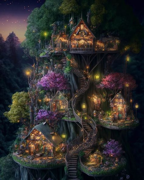 Fairytale Treehouse by @wanderskyhigh Fantasy Treehouse, Casa Hobbit, Colorful Forest, Magical House, Fantasy Tree, Fairy Village, Fairy Tree, Fantasy Homes, Fantasy Forest