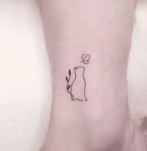 Cat Themed Tattoo Simple, Butterfly Grandma Tattoo, Cat Tattoo Butterfly, Kitten Memorial Tattoo, Cat Rememberance Tattoo, Cat With Butterfly On Nose Tattoo, Lost Pet Tattoo Cats, Tattoos To Remember Your Cat, Cat Chasing Butterfly Tattoo