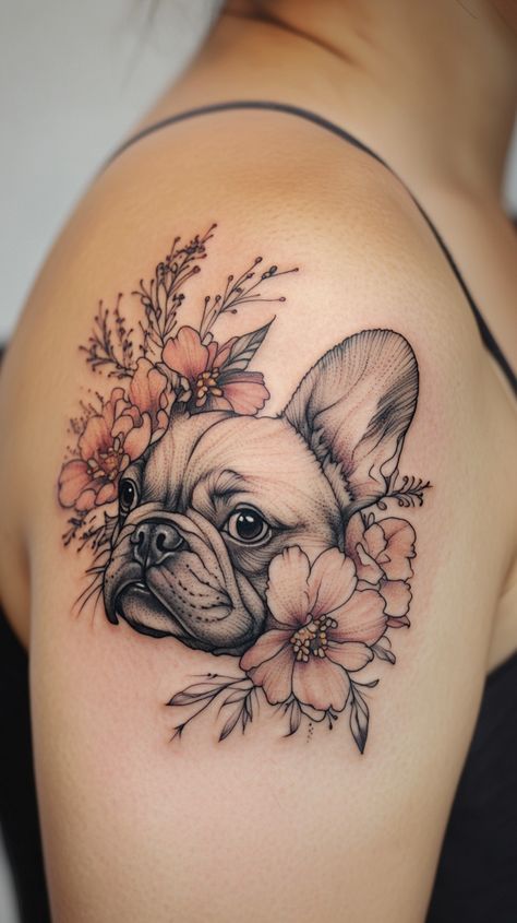 25 French Bulldog Tattoo Ideas: Celebrate Your Frenchie with Unique Designs - Smart Dog Learning Frenchies Tattoo, Dog Floral Tattoo, Dogs Tattoo Design, Boxer Tattoo Dog, Bloodhound Tattoo, Dog Tattoo Simple, Chai Tattoo, French Bulldog Tattoos, Bulldog Tattoo Ideas