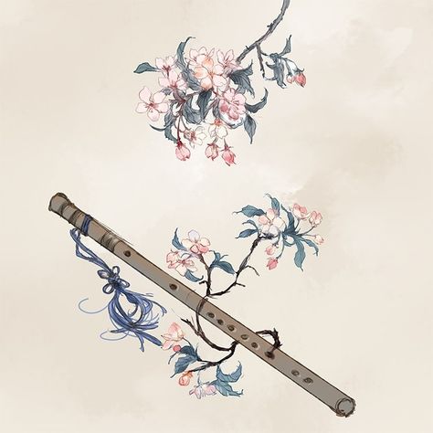 Flute Drawing, Instruments Art, Chinese Artwork, Kimono Japan, Props Art, Canvas Learning, Music Illustration, Fantasy Props, Anime Accessories