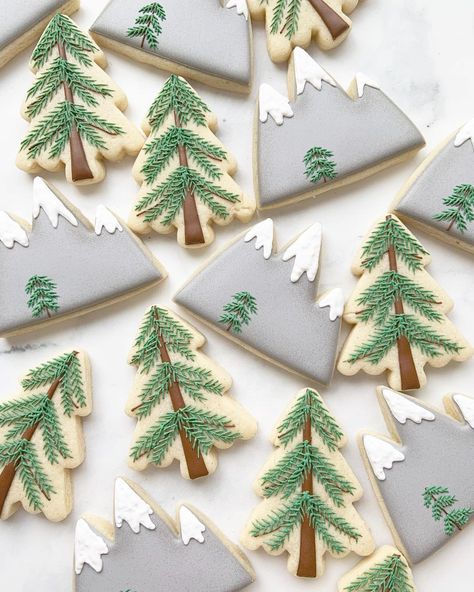 Mountain Themed Cookies, Christmas Tree Party Ideas, Cabin Cookies, Mountain Cookies, Wedding Boards, Cookie Decorations, Adventure Baby Shower, Kids Camping, Baby Shower Cakes Girl