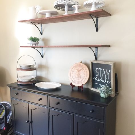 Dining room shelves above buffet server Floating Shelves Over Buffet Table, Buffet Table With Shelves Above, Credenza With Shelves Above, Shelves Over Buffet, Kitchen Buffet Cabinet With Open Shelves Above, Shelf Above Buffet, Shelving Above Sideboard, Kitchen Server Decor, Dining Room Buffet With Shelves Above