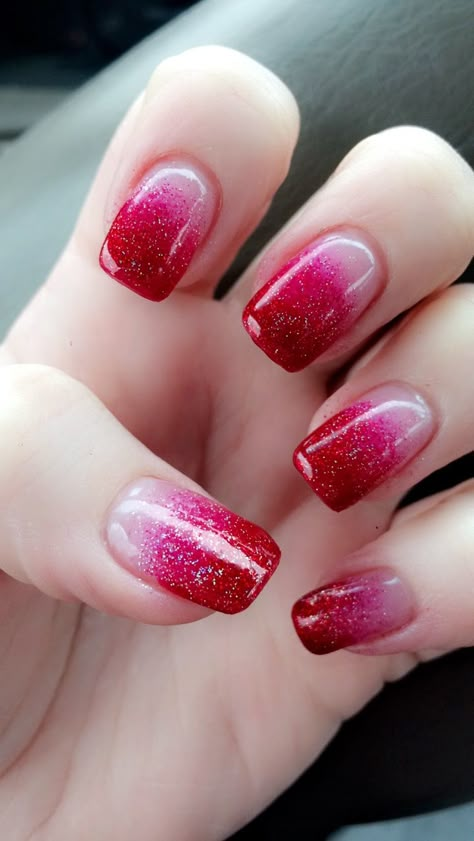 Ombre Nails In Red, Festive Ombre Nails, Red Ombre Nails Dip Powder, Ombre Pink To Red Nails, Ombre Nails For Valentines Day, Red Nails With Pink Glitter, Ombre Pink And Red Nails, Red French Ombre Nails, Valentine Ombre Nails Design