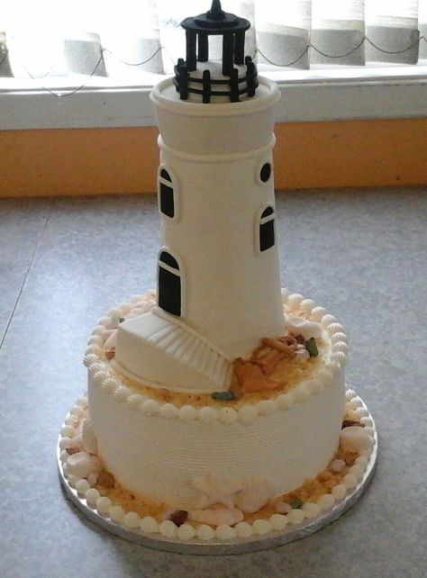 Lighthouse Wedding Theme, Lighthouse Cake, Lighthouse Theme, Nautical Cakes, Marine Cake, Nautical Wedding Cakes, Beach Theme Wedding Cakes, Beach Lighthouse, Lighthouse Wedding