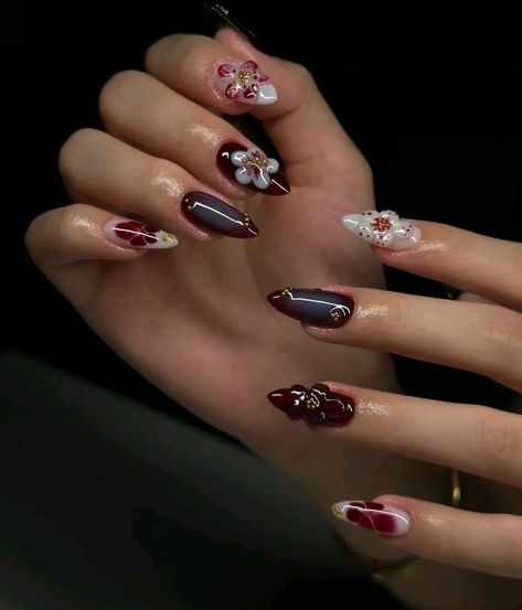 Cny Nails 2024, Sade Nails, Nail Maroon, Red Maroon Nails, Nail Art Maroon, Maroon Nail Designs, Orchid Nails, Acrylic Nails Almond Shape, Nails For Summer