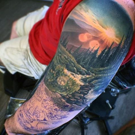 Nature Landscape Artistic Guys Full Sleeve Tattoos Mountain Sleeve Tattoo, Artistic Tattoos, Tattoo Perna, Mother Nature Tattoos, Nature Tattoo Sleeve, Tattoos For Women Half Sleeve, Forest Tattoos, Landscape Tattoo, Geniale Tattoos