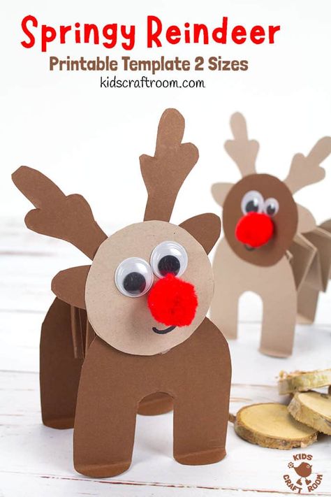 PRINTABLE ACCORDION PAPER REINDEER CRAFT - here's a fun springy printable reindeer kids will love to make and play with. This homemade paper reindeer toy has a simple but cleverly folded body that allows it to stand up and be walked along by little hands. The folds work like a spring so the reindeer can bounce up and down on their bottoms! So fun! The printable template comes in two different sizes. #kidscraftroom #kidscrafts #christmascrafts #reindeer #reindeercrafts #printablecrafts Reindeer Crafts For Toddlers, Reindeer Crafts For Kids, Reindeer Craft For Kids, Christmas Reindeer Craft, Paper Reindeer, Reindeer Printable, Reindeer Crafts, Reindeer Art, Homemade Paper