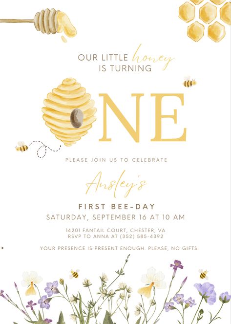 Bumble Bee Birthday Invitations, Bee Invitations Birthday, Honey Bee One Year Birthday, Bee Themed Birthday Party 1st Invitation, 1st Bee Day Invitations, Bumble Bee Party Decorations, Bee Theme Invitations, First Bee Day Invitation, Honey First Birthday Party