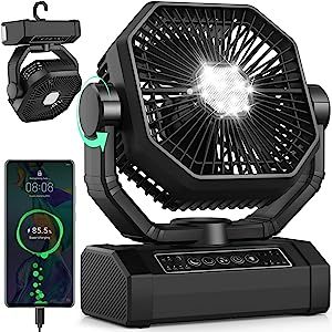 Portable Camping Fan with LED Light, 20000 mAh Battery Operated Fan, Auto-Oscillating Battery Powered Fan with Remote for Outdoor Tent, Camping, Fishing, Power Outage, Hurricane Emergency (Black) Bedroom Office Desk, Tent Fan, Survival Skills Emergency Preparedness, Camping Fan, Standing Fans, Home Bedroom Office, Southern States, Portable Desk, New Technology Gadgets