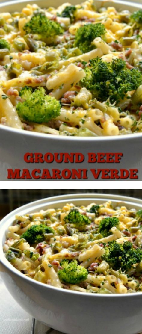 Delicious, creamy Ground Beef Macaroni Verde packed with crunchy vegggies will become your next dinner favorite and it is such a quick and easy recipe too ! Ground Beef Macaroni, Creamy Ground Beef, Beef Macaroni, Ground Beef And Broccoli, Broccoli Pasta Recipe, Pasta Easy, Ground Beef Pasta, Beef Broccoli, Beef And Broccoli