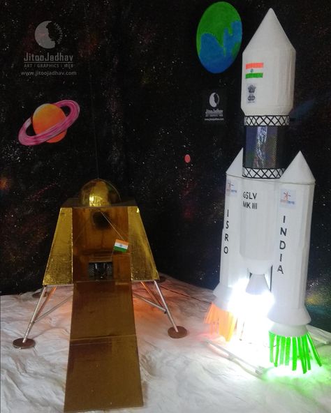 Isro Chandrayaan 3 Drawing, Chandrayaan 3 Model Project, Chandrayaan 3 Drawing, Science Exhibition Ideas, Science Project Models, Stellar Vbs, Science Exhibition Projects, Flower Wall Hanging Decor, Ganesh Decoration