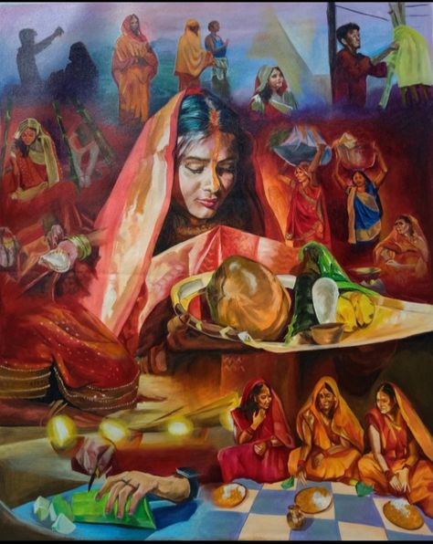 This is a painting titled "Chhath Puja". "Chhath Puja is famous among the Indian states of Bihar , Jharkhand and Uttar Pradesh." This is not a festival, it's an emotion of the Bihari people. Chhath Puja Drawing Sketch, Chhath Puja Painting, Festival Composition Painting, Chhath Puja Drawing, Indian Art Paintings Traditional, Bhagwan Drawing, Chat Puja, Chath Puja, Pictorial Composition