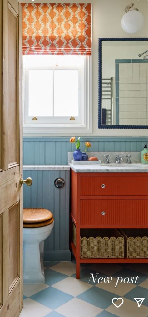 Blue Red Bathroom, Primary Color Bathroom, Blue And Red Bathroom, Blue And Orange Bathroom, Orange And Blue Bathroom, Colourful Bathroom Ideas, Yellow Tile Bathroom, Colourful Bathroom, Kid Bathroom