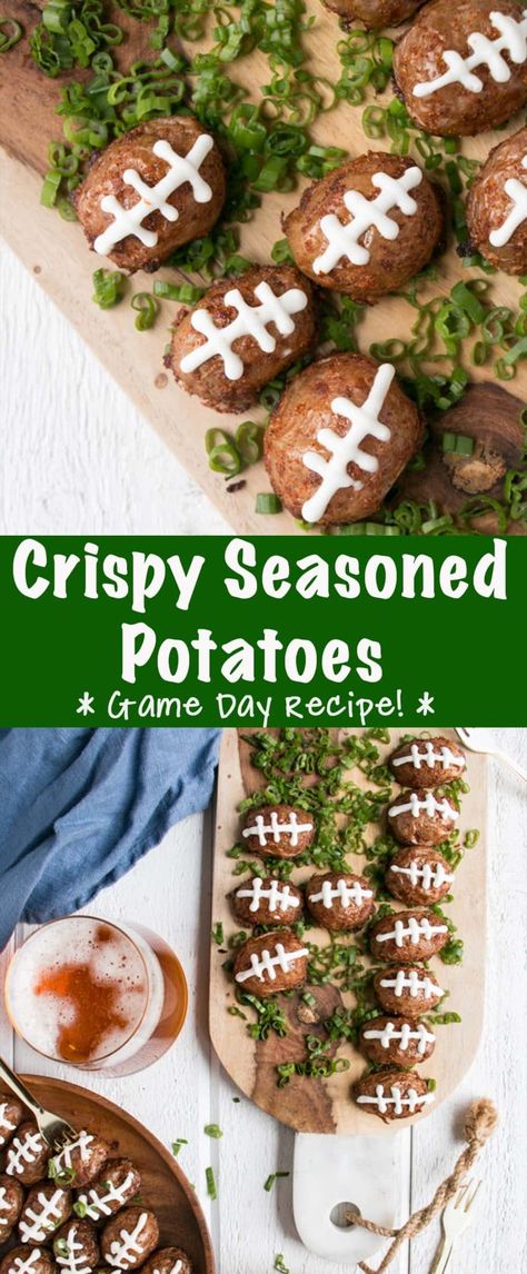 Crispy seasoned potatoes that are perfect for game day! This easy Super Bowl recipe is a unique potato recipe that is perfectly seasoned, crispy, and fun. #SuperBowlRecipe #GameDayRecipe #SeasonedPoatoes Football Potatoes, Unique Potato Recipes, Super Bowl Food Easy, Easy Super Bowl, Carb Sides, Seasoned Potatoes, Best Appetizer Recipes, Tailgating Recipes, Photo Food