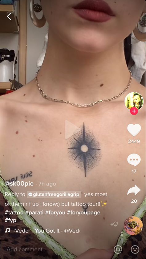 Starburst Chest Tattoo, Small Stippling Tattoo, Star On Chest Tattoo, Star Chest Tattoo Female, Small Chest Tattoos For Women, Chest Tattoo Stars, Stippled Tattoo, Star Shoulder Tattoo, Star Chest Tattoo