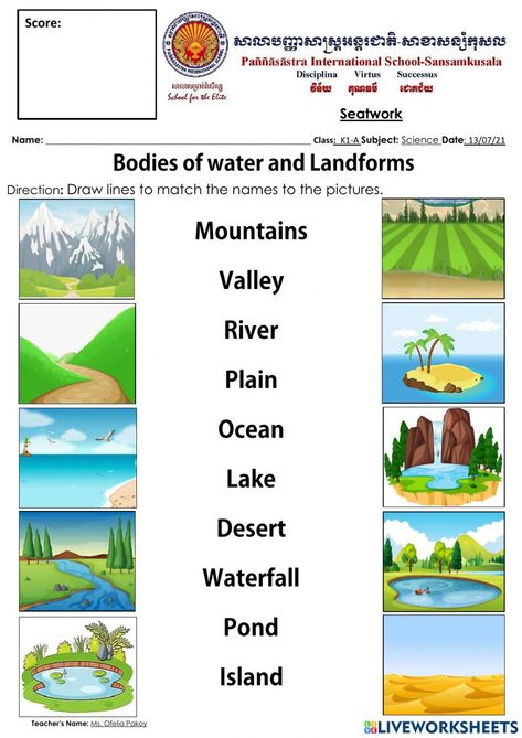 Bodies of water and Landforms online activity for k1. You can do the exercises online or download the worksheet as pdf.