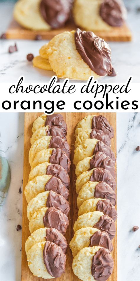 These Chocolate Orange Cookies are inspired by the classic Terry's Chocolate Orange. Each buttery, citrusy cookie is dipped in smooth chocolate, capturing the flavors of that favorite holiday candy! via @nmburk Chocolate Dipped Orange Shortbread Cookies, Orange Cookies Dipped In Chocolate, Old School Cookies, Dark Chocolate Orange Cookies, Orange Chocolate Recipes, Oreo Dipped Cookies, Orange Cookies Recipes Christmas, Orange Zest Recipes, Orange Chocolate Chip Cookies