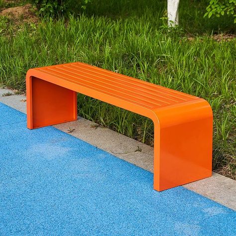 Contemporary Water Resistant Armless Park Bench for Courtyard - Orange 71"L x 16"W x 18"H Orange Bench, Science Gallery, Outdoor Benches, Orange Garden, Aluminum Decking, Deck Chairs, Garden Bench, Outdoor Bench, Laminate Flooring