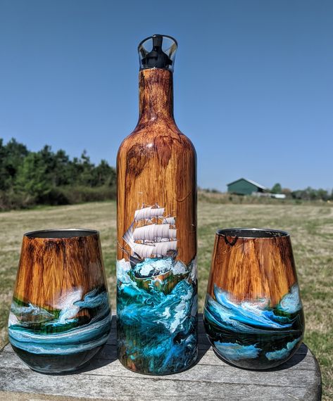 Wood Grain Tumbler For Men, Alcohol Ink Tumbler Ideas, Wood Grain Tumbler, Alcohol Ink Tumbler, Resin Works, Epoxy Pens, Cricut Hacks, Wine Glass Designs, Grain Alcohol