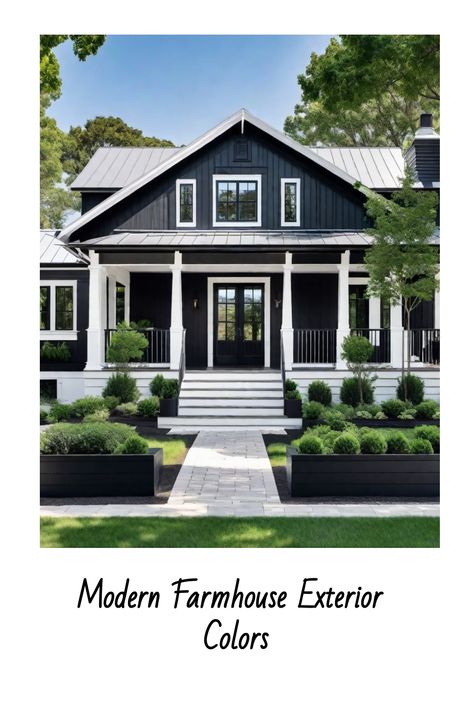 Black and white modern farmhouse with manicured landscaping and large windows. Black House White Trim, Barn House Architecture, Black Pole Barn House, Exterior House Colors Farmhouse, Black Pole Barns, Modern Farmhouse Exterior Colors, Country Farmhouse Exterior, Farmhouse Exterior Colors, Black Barndominium