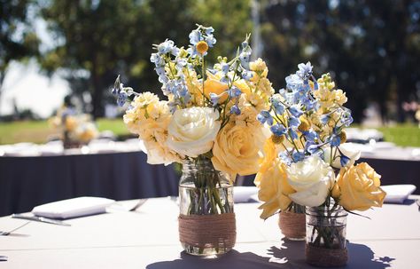 Blue and Yellow Flower Arrangements | Yellow Centerpieces Blue And Yellow Flower Centerpieces, Blue And Yellow Baby Shower Ideas, Blue And Yellow Graduation Party, Blue And Yellow Flower Arrangements, Yellow Flower Centerpieces, Navy Blue And Yellow Wedding, White Yellow Wedding, Western Centerpieces, Yellow Flower Arrangements