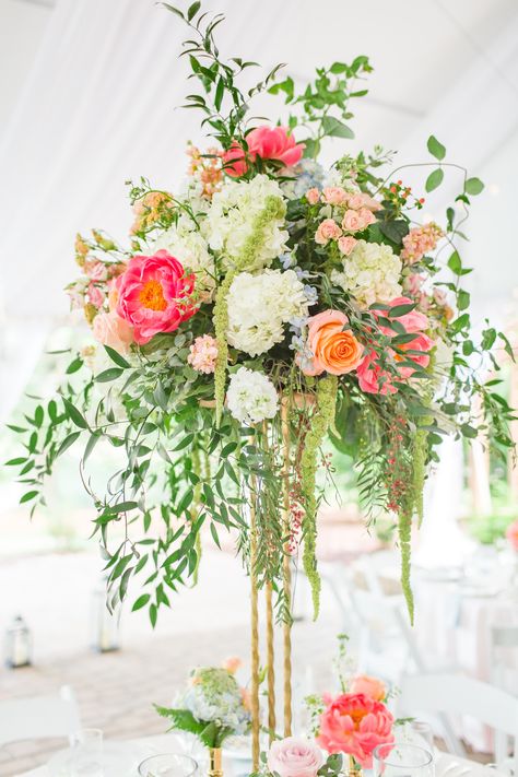 Colorful Tall Centerpieces Wedding, Tall Whimsical Wedding Centerpieces, Round Table Centerpieces Wedding Colorful, Elevated Flower Centerpiece, Hydrangea Centerpiece Wedding Elegant, Peony Floral Arrangements Wedding, Wedding Flowers Summer Centerpieces, Elevated Wedding Centerpieces, July Wedding Centerpieces