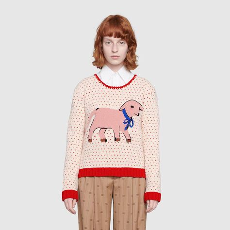 Shop the Heart wool sweater with lamb intarsia  in white wool at GUCCI.COM. Enjoy Free Shipping and Complimentary Gift Wrapping. Winter Cartoon, Gucci Women, New Sweater, Heart Sweater, Knitting Women Sweater, Knitwear Design, Cartoon Dog, Women Clothes, Casual Pullover