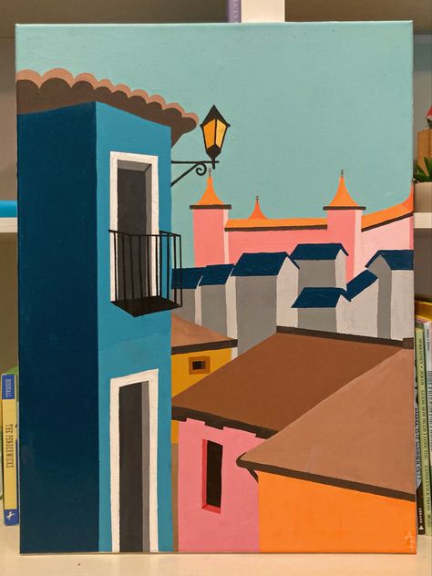 Painting aesthetic canvas Europe Spain pink orange blue teal Painting Ideas On Canvas Buildings, Retro Style Painting, Spain Painting Easy, Painting Ideas On Canvas Aesthetic Vintage Easy, 70s Canvas Painting, Rectangle Painting Ideas, Painting Ideas Retro, Boho Art Painting Canvases, Aesthetic Boho Painting