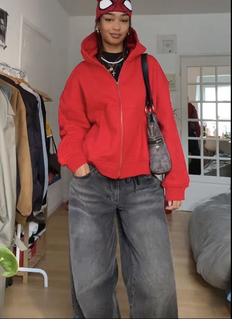 Baggy Quarter Zip Outfit, Styling A Red Sweater, Red And Black Streetwear Outfit, Red Dunk Outfit, Red Baggy Outfit, Red Zip Up Hoodie Outfit, Red Hoodie Outfit Aesthetic, Fire Red 4s Outfit, Ahs Streetwear