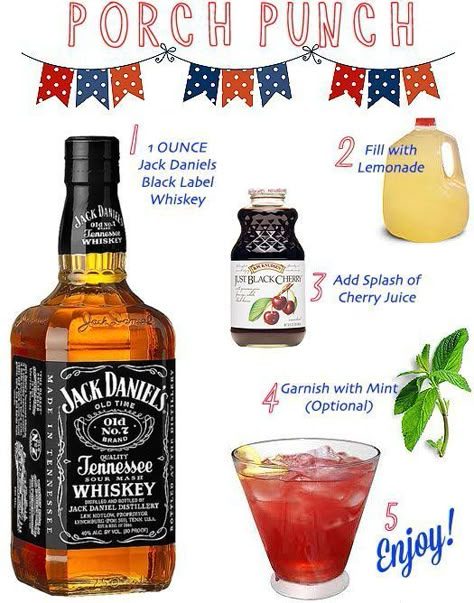 Porch Punch, Jack Daniels Lemonade, Bourbon Lemonade, Jack Daniels Drinks, Summertime Cocktail, Bourbon Drinks, Liquor Drinks, Boozy Drinks, Whiskey Drinks