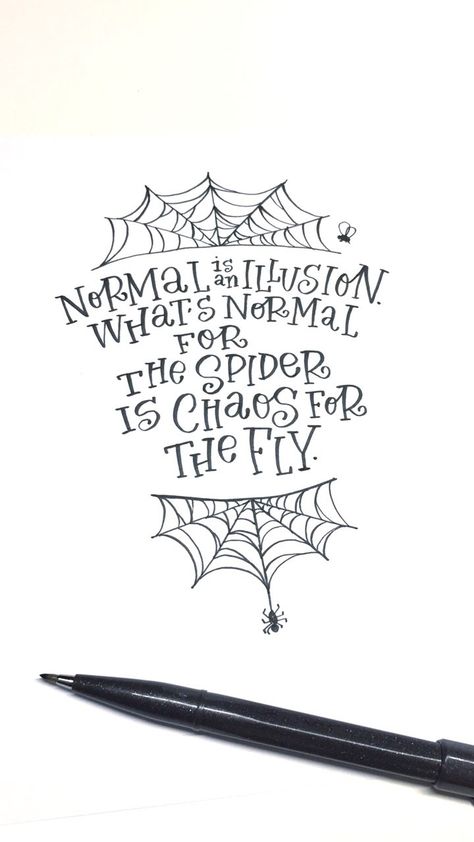 Chrystal | Modern Lettering on Instagram: “What is normal for the spider is chaos for the fly. 🕸 Love this quote by Morticia Addams 🖤 #letteringwednesday with @sarah_letters 🖤 . .…” Morticia And Wednesday Addams Tattoo, Simple Wednesday Addams Tattoo, Morticia Adams Tattoo Ideas, Wednesday Addams Quotes Wallpaper, Gomez Addams Tattoo, Morticia Addams Tattoo Ideas, Morticia Tattoo Ideas, Cousin It Tattoo Addams Family, The Addams Family Tattoo Ideas