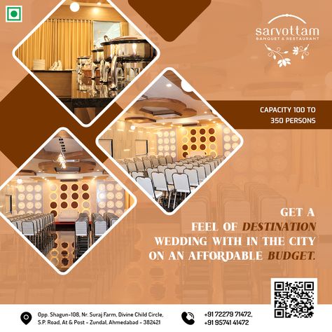 Our modern and beautiful decor services make your occasion more graceful. #Sarvottam #Restaurant #Banquet #Ahmedabad #events #appetizer #mocktail #punjabifood #chinesefood #fastfood #snack #soup #dessert #seminarHalls #reception #babyShower #wedding #anniversary #kids #birthday #party Banquet Hall Poster Design, Restaurant Creatives, Banquet Design, Hotel Marketing Design, Sample Flyers, Hotel Marketing, Punjabi Food, Party Hall, Vegetarian Appetizers