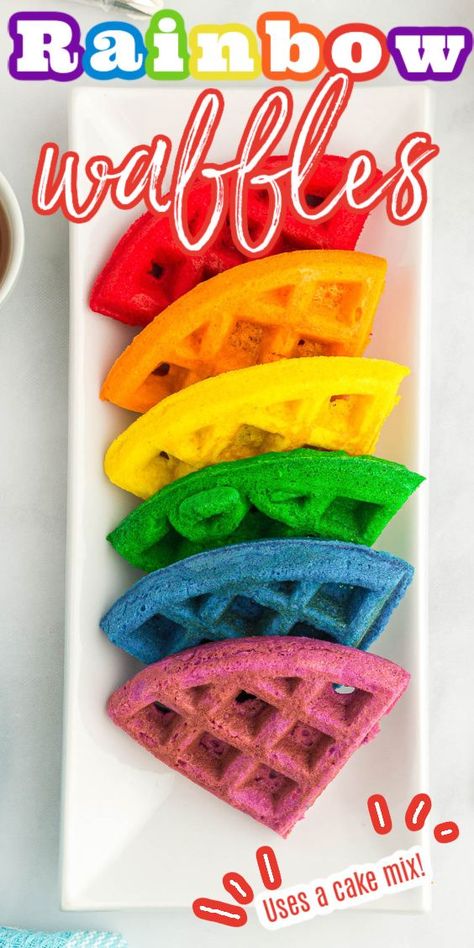 Layered rainbow waffles Pride Food, Waffle Donuts, Rainbow Bread, Rainbow Foods, Rainbow Waffles, Wet Flowers, Waffle Day, Unicorn Birthday Party Decorations, Make A Rainbow