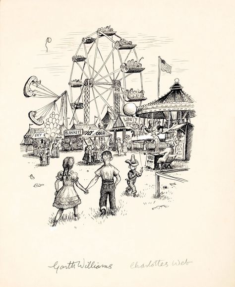 Charlotte’s Web, Garth Williams, Scene Drawing, Charlotte's Web, Classic Childrens Books, Fairs And Festivals, County Fair, The Fair, Childrens Illustrations