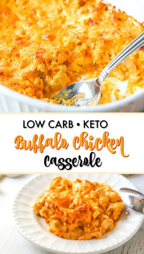 Keto Buffalo Chicken Casserole - great low carb dinner with only 3.5g net carbs. #buffalochicken #chickencasserole #ketocasserole #lowcarbrecipe #comfortfood #easyrecipe Keto Buffalo Chicken Casserole, Low Carb Casserole, Keto Buffalo Chicken, Buffalo Chicken Casserole, Keto Casserole, Low Carb Casseroles, Low Carb Chicken Recipes, Resep Diet, Low Carb Diets