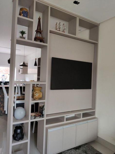 Partisi Tv, House Hall Design, Tv Stand Room Divider, Rotating Tv, Tv Stand Ideas, Angel Ideas, Studio Apartment Living, Modern Room Divider, Living Room Wall Color